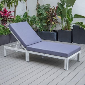 Chelsea Modern Weathered Grey Aluminum Outdoor Chaise Lounge Chair with Blue Cushions