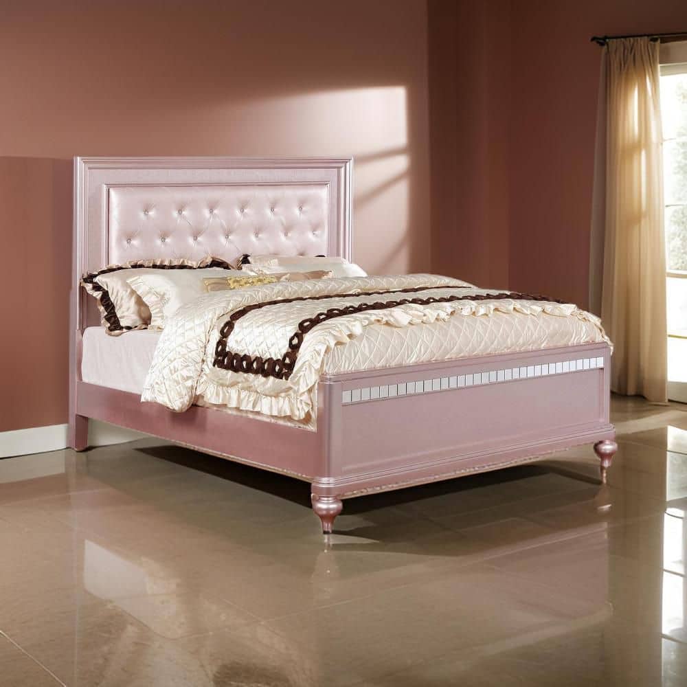 Contemporary Pink Wood Frame Queen Size Panel Bed with Mirror Trim Details