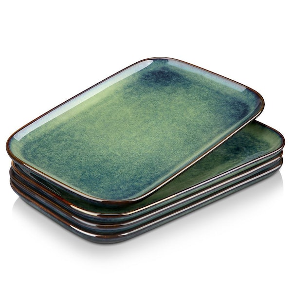 Green Serving Platter Set Stoneware Serving Plates Set of 4 Rectangular Serving Dish for Snacks Desserts Side Dishes