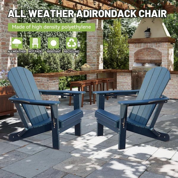 Dark Blue Outdoor Folding Plastic Adirondack Chair with Cup Holder