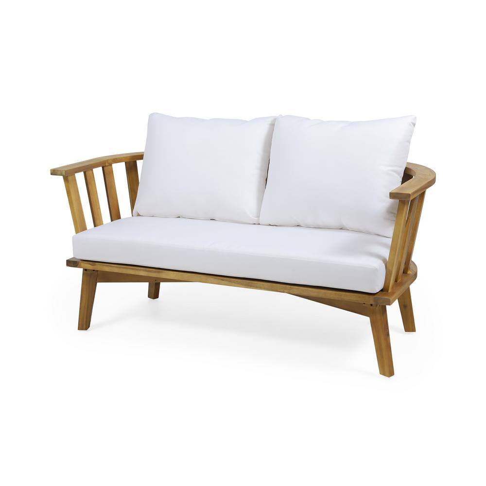 Teak Brown Wood Outdoor Loveseat with White Cushions