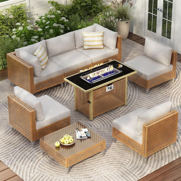 8-Piece Wicker Outdoor Patio Sectional Set with 43 in. Propane Fire Pit Table and Water Resistant Beige Thick Cushions