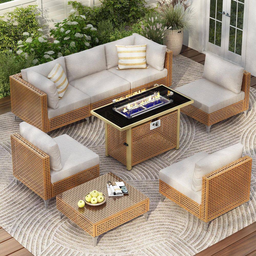 8-Piece Wicker Outdoor Patio Sectional Set with 43 in. Propane Fire Pit Table and Water Resistant Beige Thick Cushions price history on PriceWatchPro