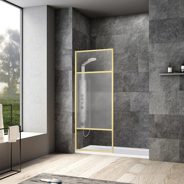 ROSWELL Tafalla 34 in. W x 74 in. H Frameless Fixed Glass Panel in Brushed Gold