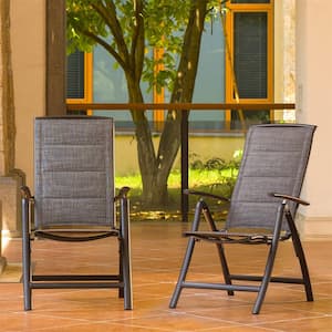 Set of 2 Aluminium Frame Dark Gray Reclining Sling Lawn Chairs with Adjustable Backrest
