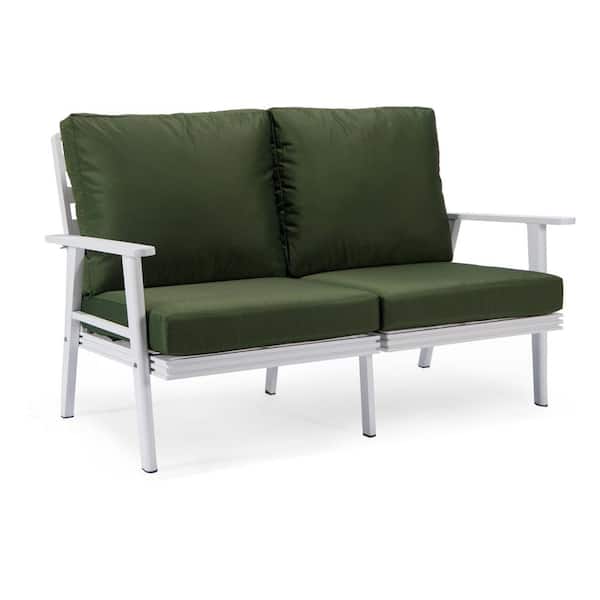 Leisuremod Walbrooke Patio White Aluminum Frame and Loveseat with Green Removable Cushions