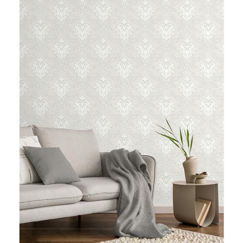 Florentine White and Pale Grey Damask Vinyl Wallpaper