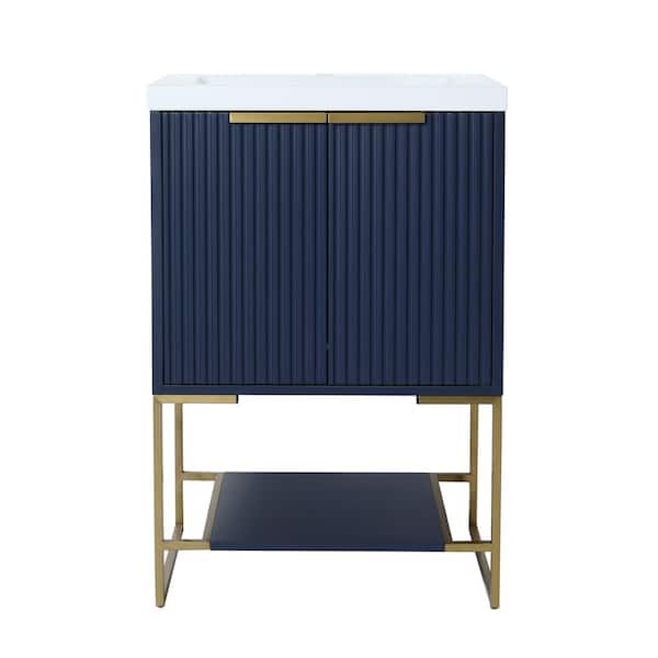 FAMYYT 23.6 in. W x 18.1 in. D x 35 in. H Freestanding Bath Vanity in Navy Blue with White Resin Top and Shelf and Door
