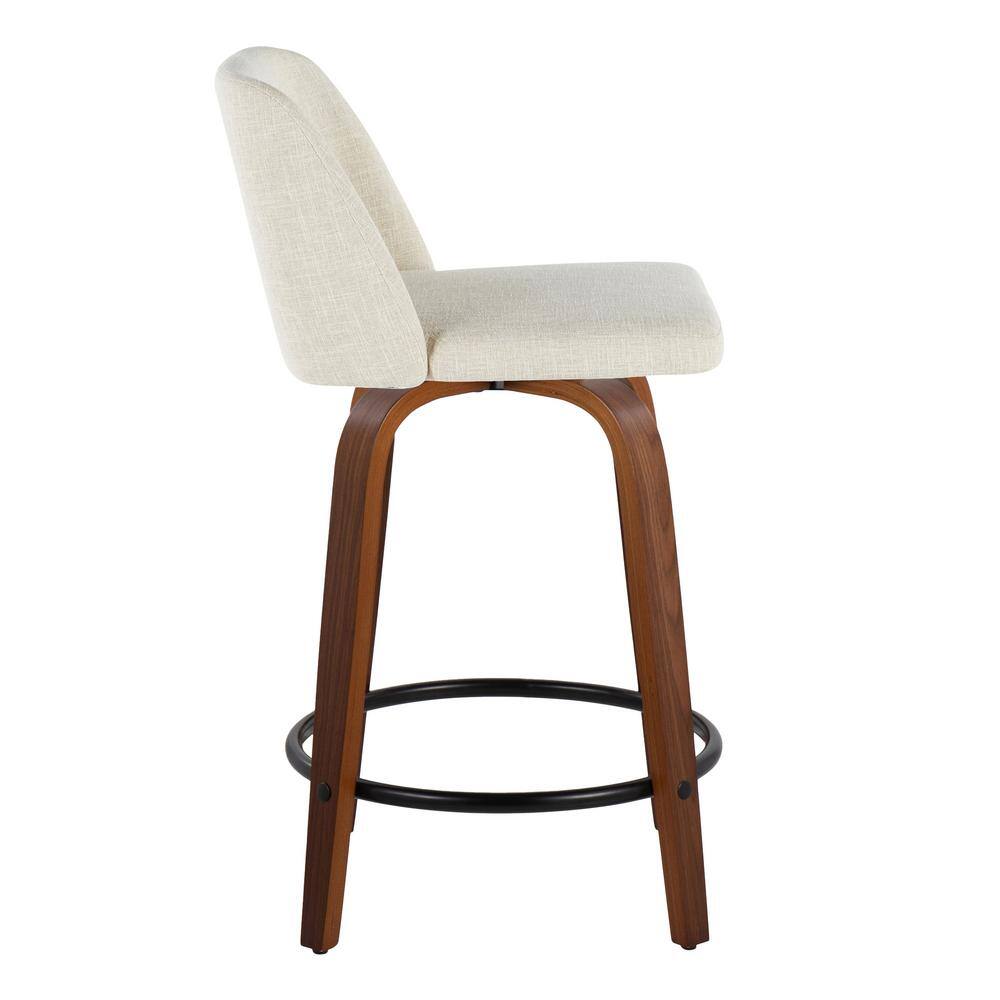 Off-White Swivel Upholstered Counter Stool with Walnut Legs, Set of 2