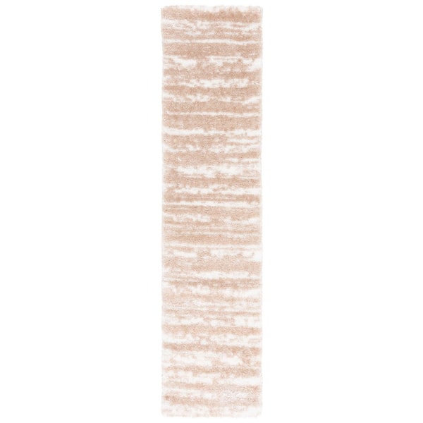 SAFAVIEH Tahoe Shag 2 ft. x 8 ft. Ivory/Gold Distressed Striped Runner Rug