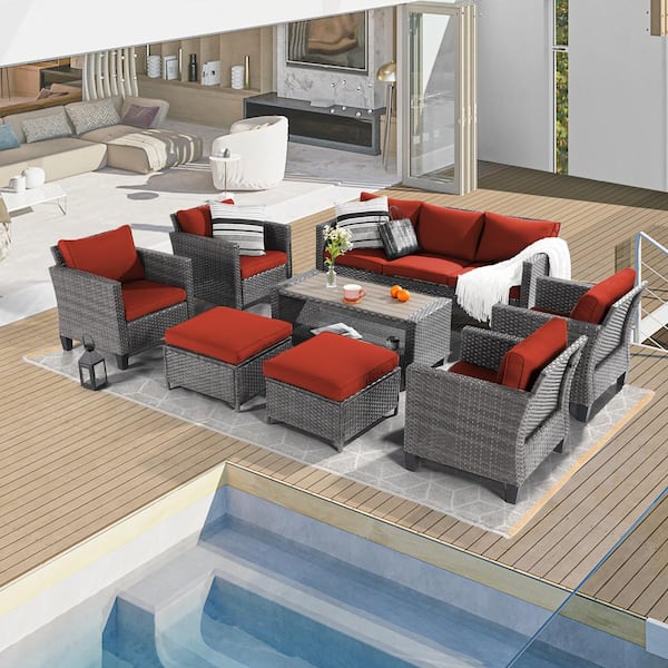 Sonkuki 8-Piece Gray Wicker Patio Sofa Set Outdoor Furniture Set with Ottomans and Coffee Table, Rust Red