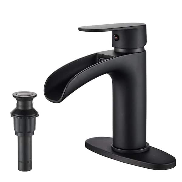 ANZA Single Handle Single Hole Bathroom Waterfall Faucet with Deckplate Bathroom Sink Faucets in Black