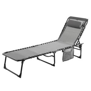Gray Outdoor Metal Folding Chaise Lounge Chair Fully Flat for Beach with Pillow and Side Pocket
