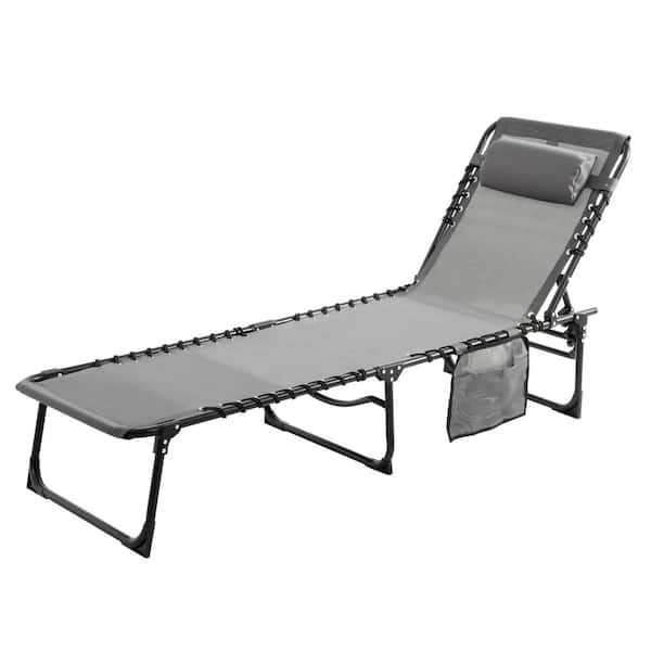VEIKOUS Gray Outdoor Metal Folding Chaise Lounge Chair Fully Flat for Beach with Pillow and Side Pocket