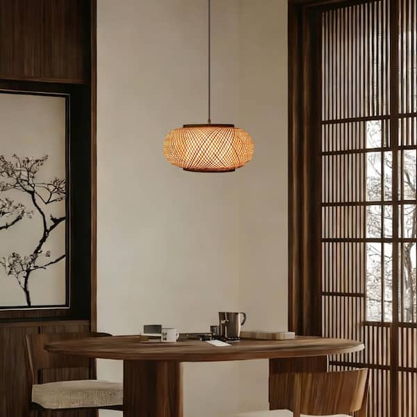 OUKANING 15.7 in. 1-Light Vintage Bamboo Rattan Lantern Pendant