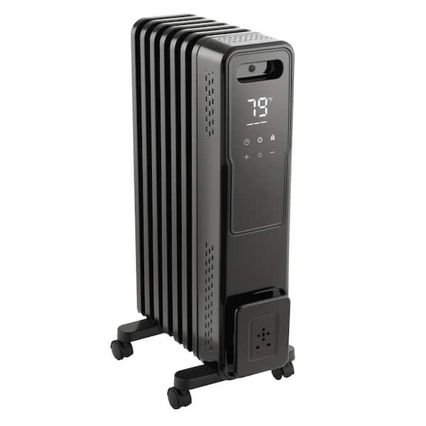 Electric 1500W Oil-Filled Radiator Space Heater, Dual U-Shaped Elements, Safety Features, Remote, Timer, Wheels, Black