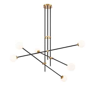 6-Light Black and Aged Brass Chandelier with Etched Opal Glass
