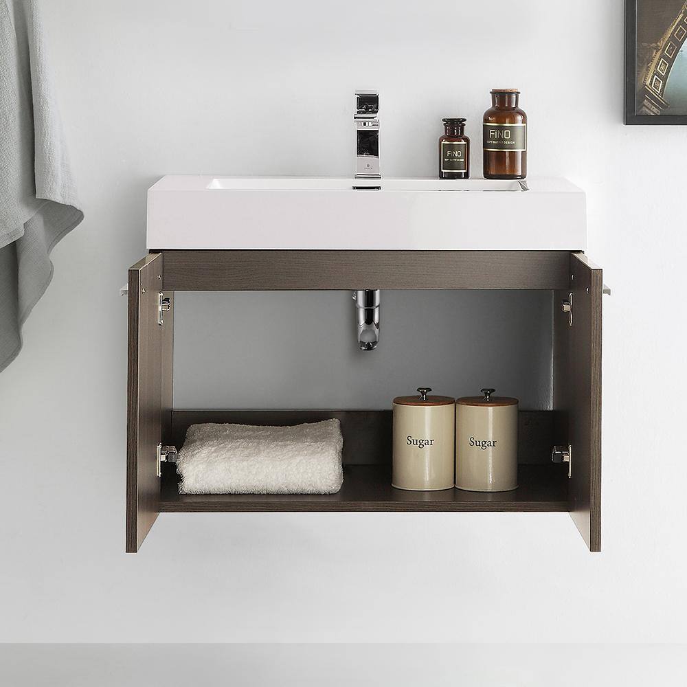 Gray Oak Wall-Mount Vanity with White Acrylic Sink