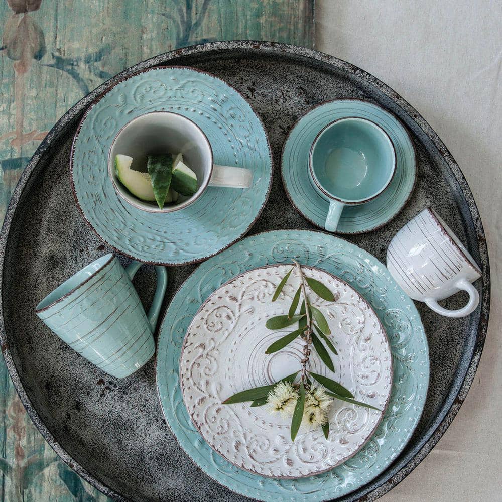 Antiqued Turquoise Ceramic Rustic Serving Bowl 9.8"