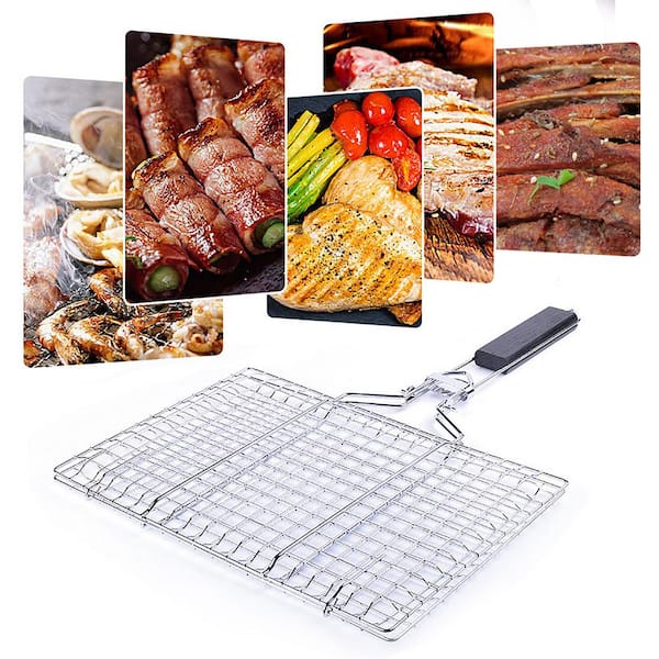 YIYIBYUS Portable Stainless Steel Grill Basket Lockable Folding Meat ...