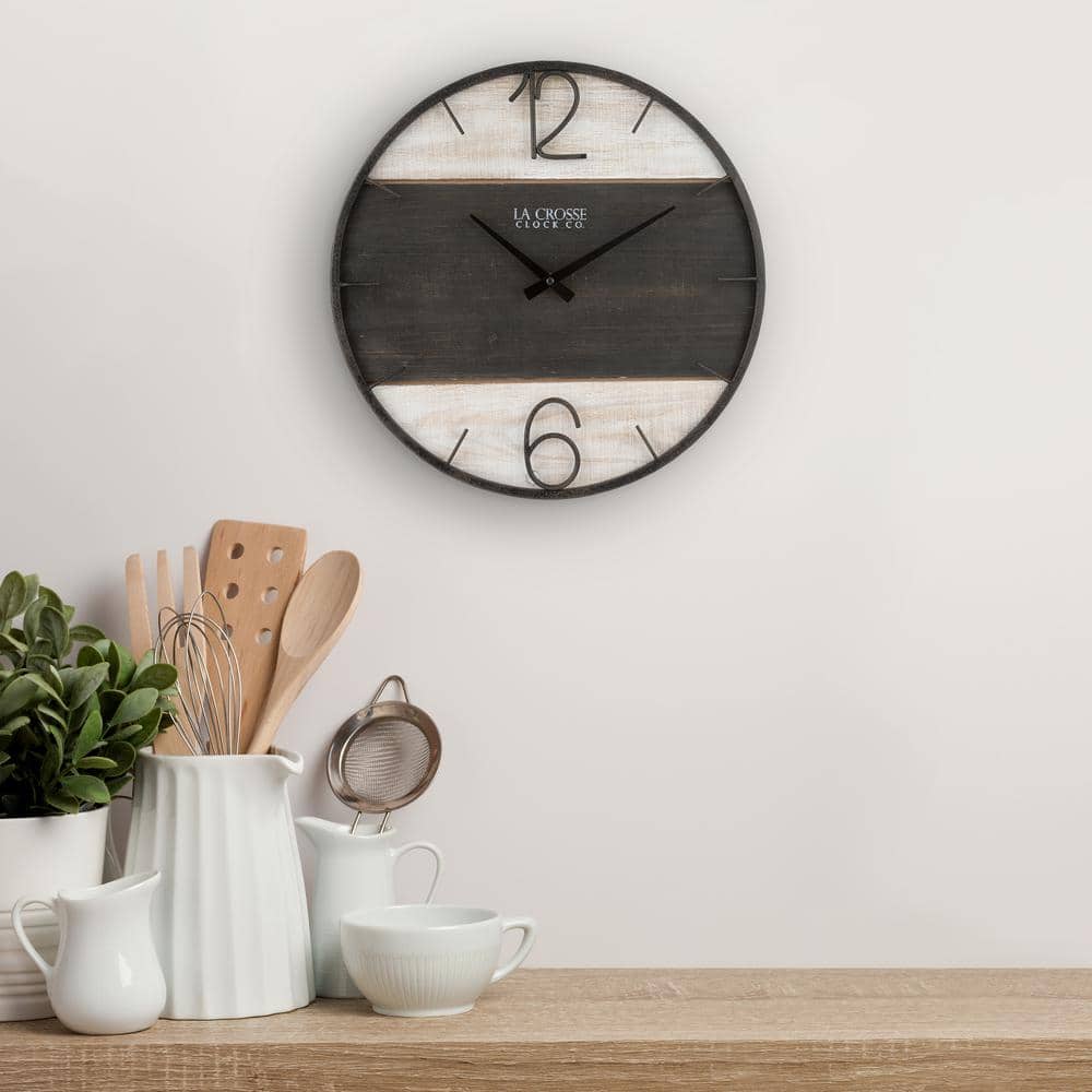 16" Brown and Off-White Metal and Wood Round Wall Clock