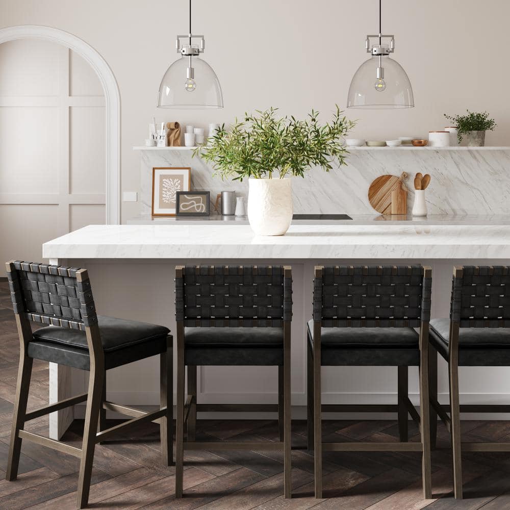 Cohen Black Faux Leather Saddle Bar Stools with Wood Frame, Set of 4