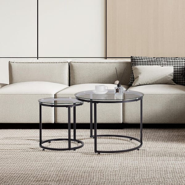 SKYSHALO Glass Nesting Coffee Table Set of 2 with Metal Frame 23.6 in. Round Tables for Small Space Living Room Bedroom Office