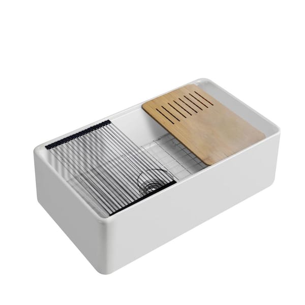 Unbranded 33 in. Farmhouse/Apron Front Single Bowl White Fireclay Workstation Kitchen Sink with Accessories