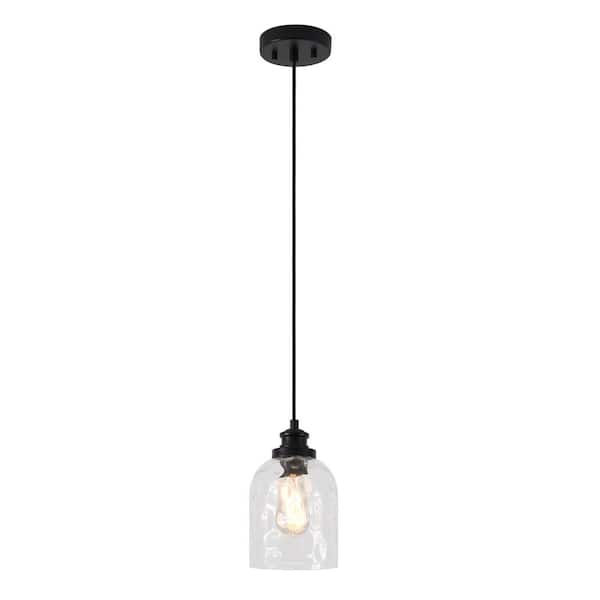 1-Light Black Mini Island Pendant Light with Textured Glass Shade