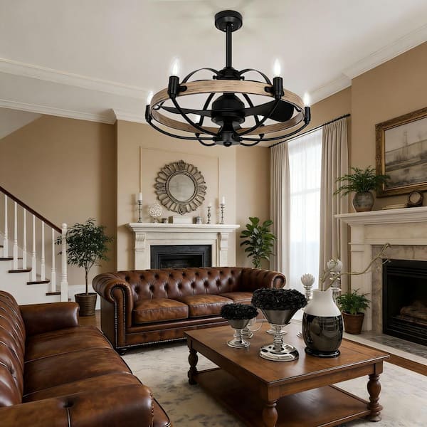 27 in. Indoor Light Wood Smart Ceiling Fan with E12 Lights with Remote, Downrod Mount Farmhouse Chandelier, Fandelier