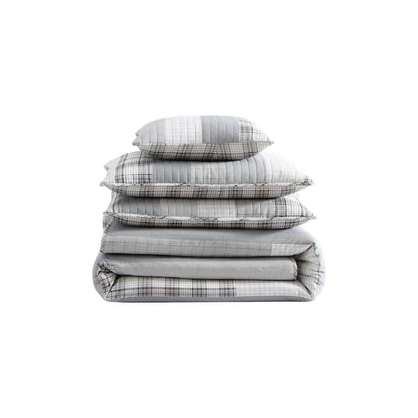 EDDIE BAUER Fairview 4-Pcs Gray Plaid Cotton Full/Queen Quilt Set