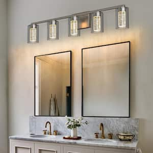 33 in. 35-Watt 5-Light Brushed Nickel Crystal LED Integrated Vanity Light for Bathroom, 3000/4000/6000K Adjustable