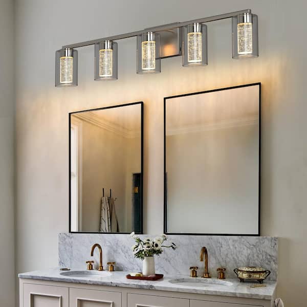 33 in. Brushed Nickel Vanity Light, 5-Light LED Integrated Crystal Bathroom Fixture with 3CCT (3000K/4000K/6000K)