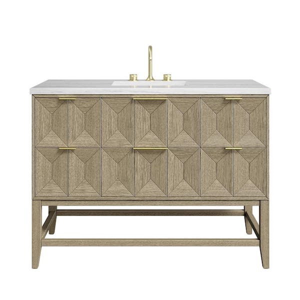 James Martin Vanities Emmeline 48.0 in. W x 23.5 in. D x 36 in. H Single Bathroom Vanity Pebble Oak and Arctic Fall Solid Surface Top