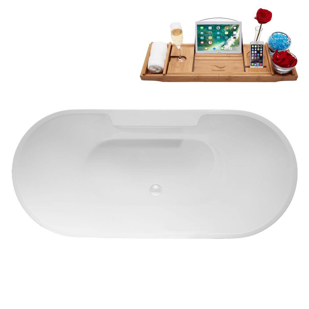 63" Glossy White Acrylic Freestanding Soaking Bathtub with Bamboo Tray