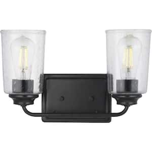Evangeline 13.625 in. 2-Light Matte Black Farmhouse Bathroom Vanity Light with Clear Seeded Glass Shades