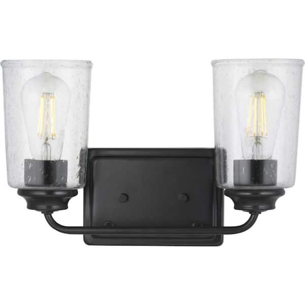 Hampton Bay Evangeline 13-5/8 in. 2-Light Matte Black Farmhouse Bathroom Vanity Light with Clear Seeded Glass Shades