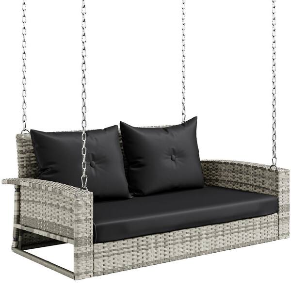 DEXTRUS Gray Patio Swing Lounge with Black Cushions 2-Person Rattan ...