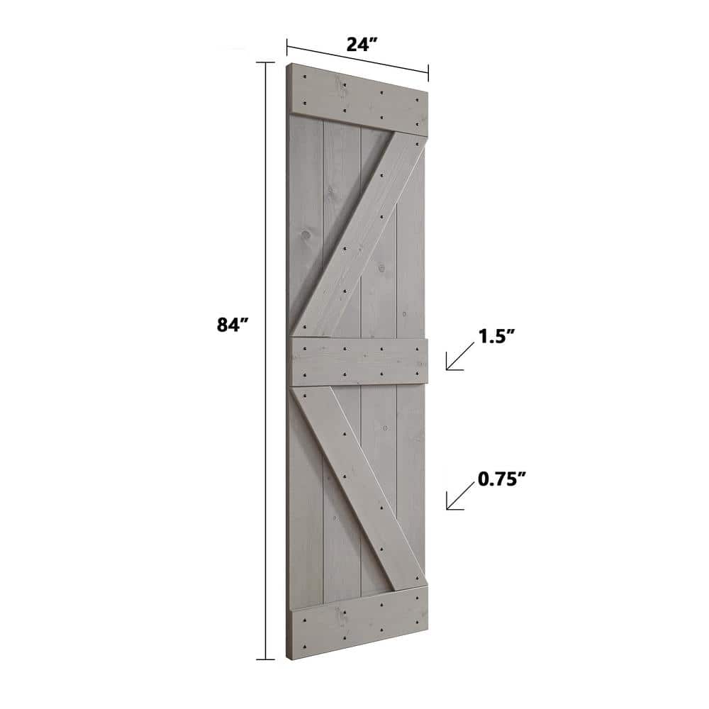 Light Grey Pine Wood Sliding Barn Door with Black Hardware Kit
