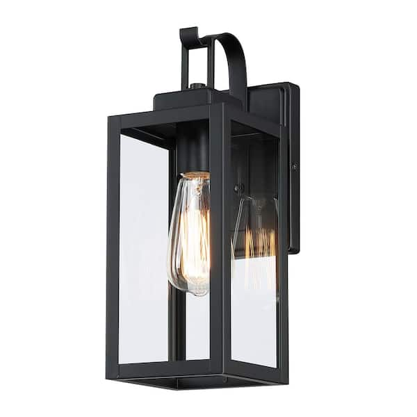 Hukoro 13.78 in. H 1-Light Matte Black Hardwired Outdoor Wall Lantern ...