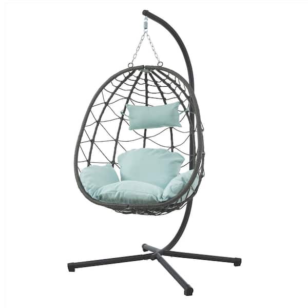 Unbranded Powder Coated Steel Frame Gray Wicker Egg-Shaped Patio Swing Chair with Blue Cushion
