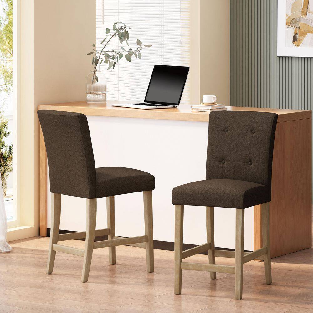 Weathered Brown Wood Button-Tufted Counter Stools, Set of 2
