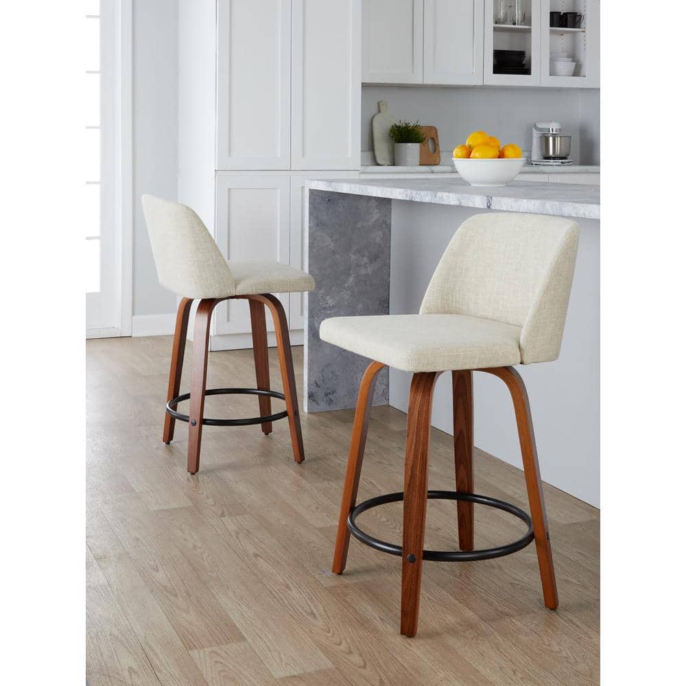 Off-White Swivel Upholstered Counter Stool with Walnut Legs, Set of 2