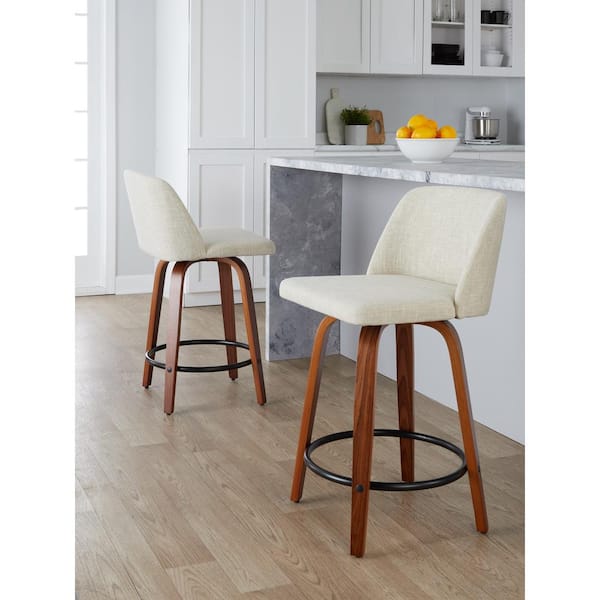 Lumisource Toriano 24.25 in. Cream Fabric, Walnut Wood and Black Metal Fixed-Height Counter Stool (Set of 2)