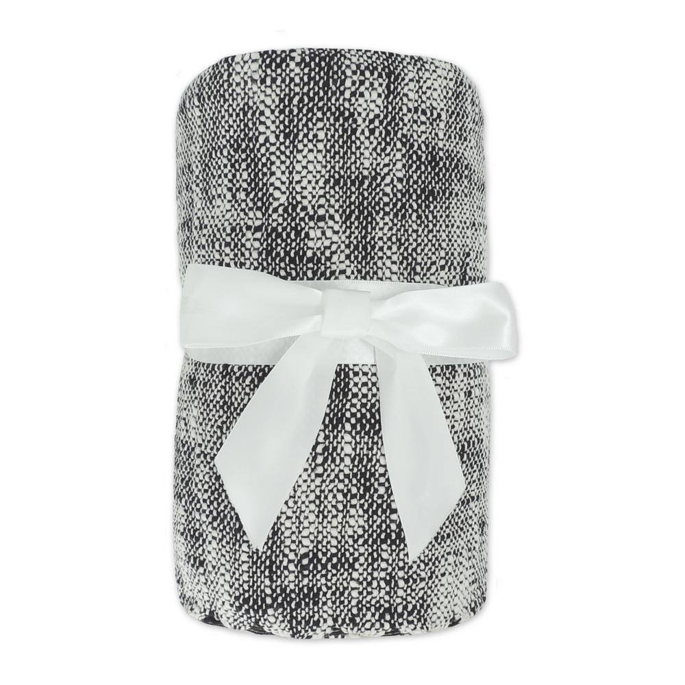 Black and Off-White Cotton Chambray Throw Blanket with Fringe, 60" x 50"