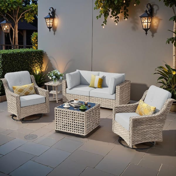 Coralia 6-Piece Wicker Outdoor Furniture Set Patio Conversation Sets With Light Gray Cushion and Lighted Coffee Table