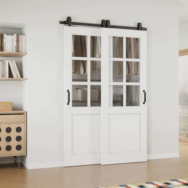 52 in. x 80 in. (Double 30 in.) 6 Lite Clear Glass White Primed MDF Sliding Barn Door with Hardware Kit Bypass