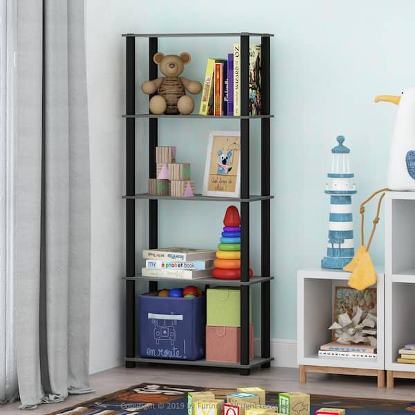 Furinno 57.4 in. Tall French Oak/Black Wood 5-Shelves Etagere Bookcases
