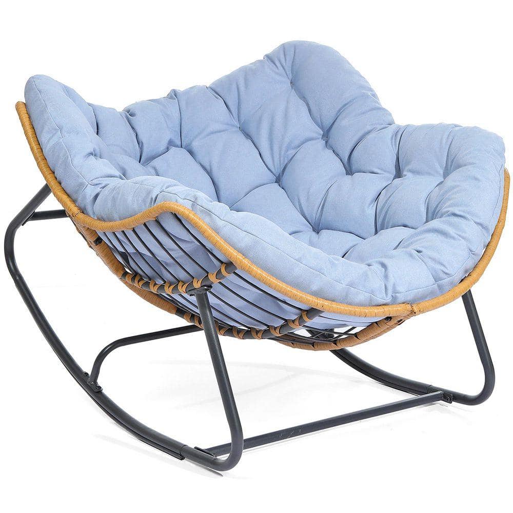 Oversized PE Wicker Outdoor Rocking Chair with Blue Cushion