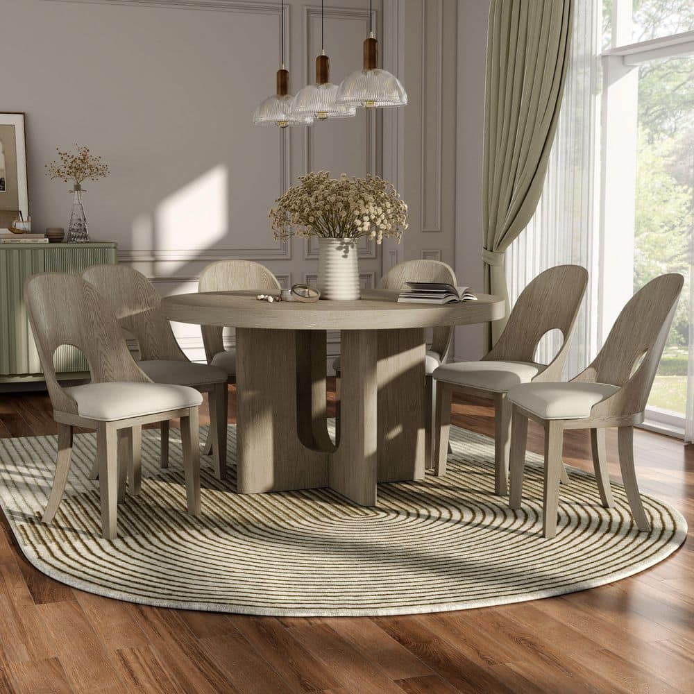 Furniture of America Hairin 7-Piece Round White Oak Wood Top